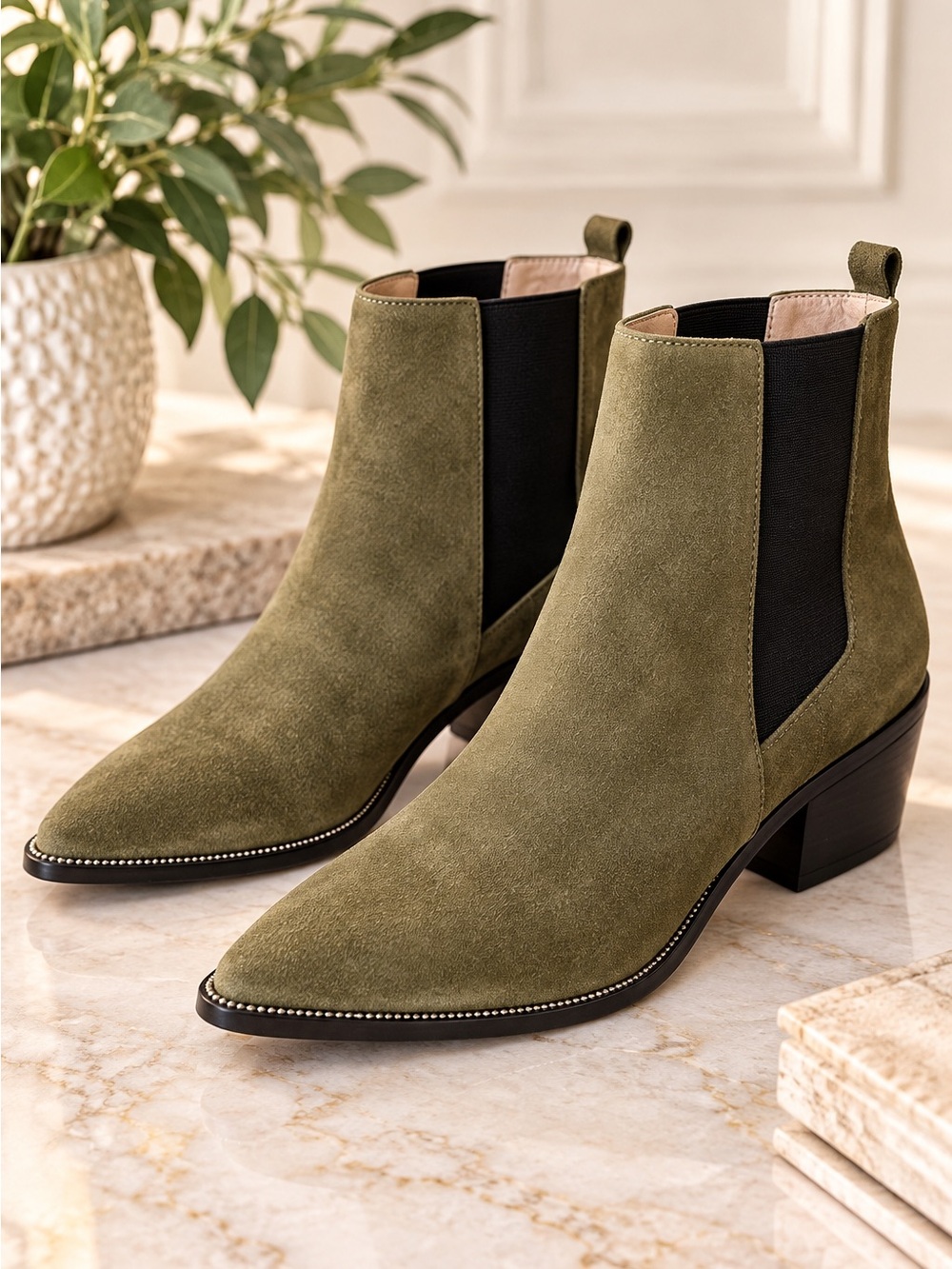 Sol Sana Olive Suede Chelsea Ankle Boots Pointed Toe Size 39 NWT